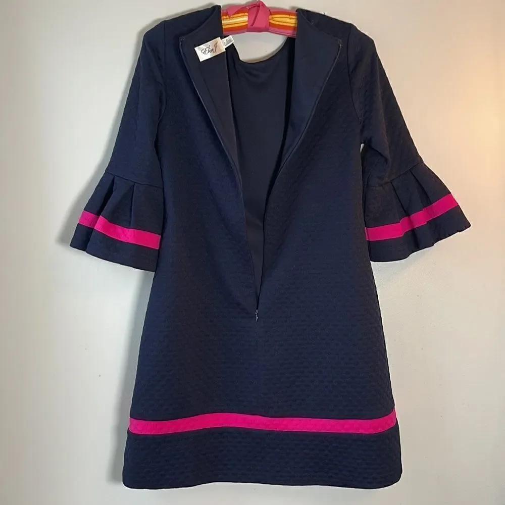 EUC Eliza J Navy Quilted Dress Flare Sleeves Pink Details 8P - Picture 10 of 10